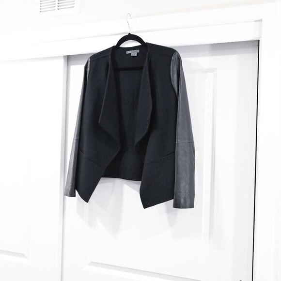 Vince Size Small Worsted Wool Drape Front Jacket with Leather Sleeves - Picture 3 of 8